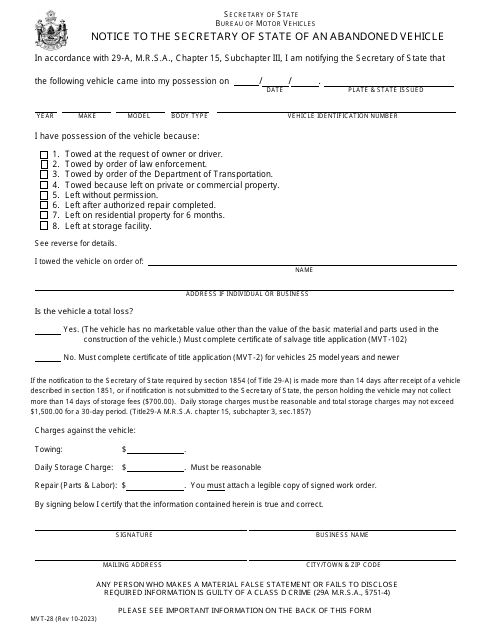 Form MVT-28 Notice to the Secretary of State of an Abandoned Vehicle - Maine
