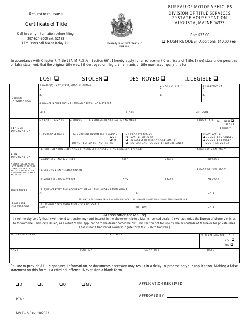Form MVT-8 Certificate of Title - Maine