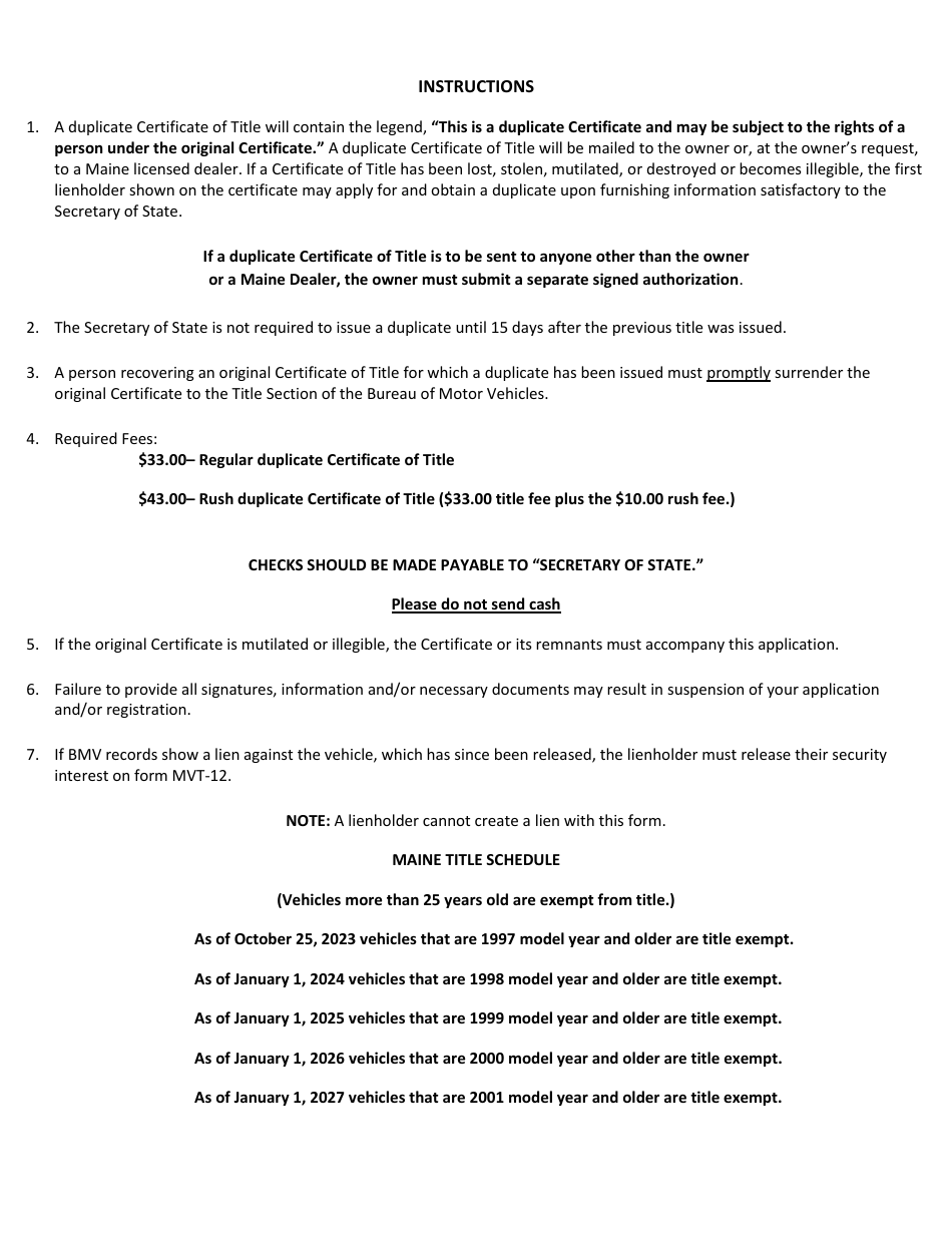 Form MVT-8 Certificate of Title - Maine, Page 2