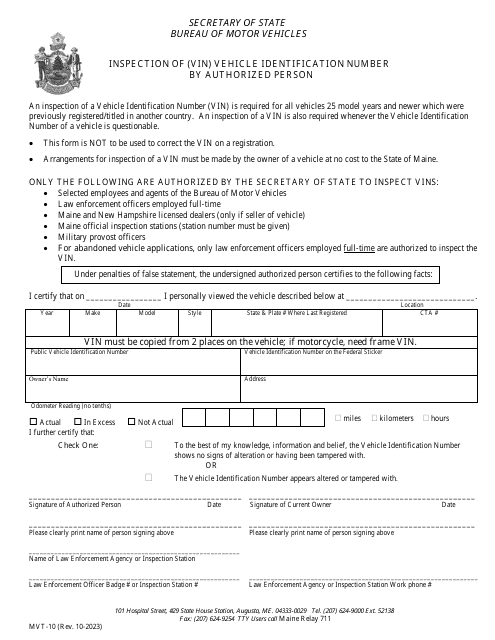 Form MVT-10 Inspection of (Vin) Vehicle Identification Number by Authorized Person - Maine