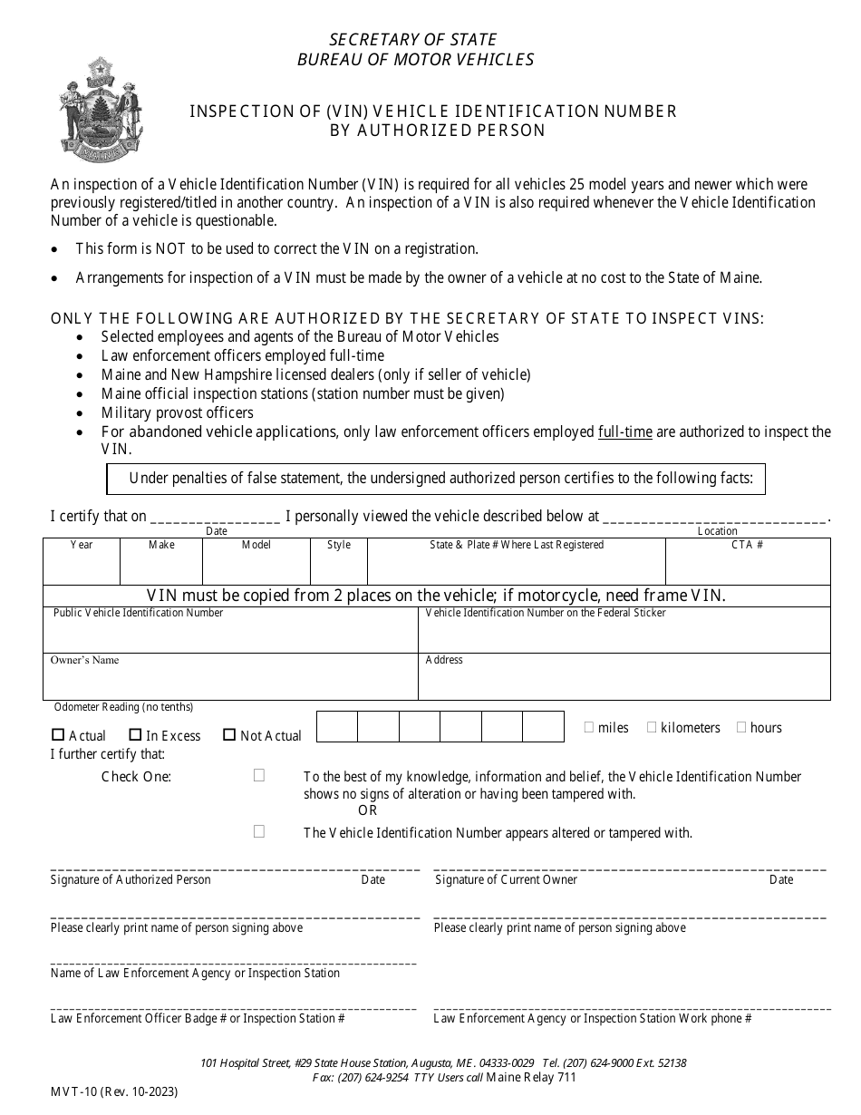 Form MVT-10 Inspection of (Vin) Vehicle Identification Number by Authorized Person - Maine, Page 1
