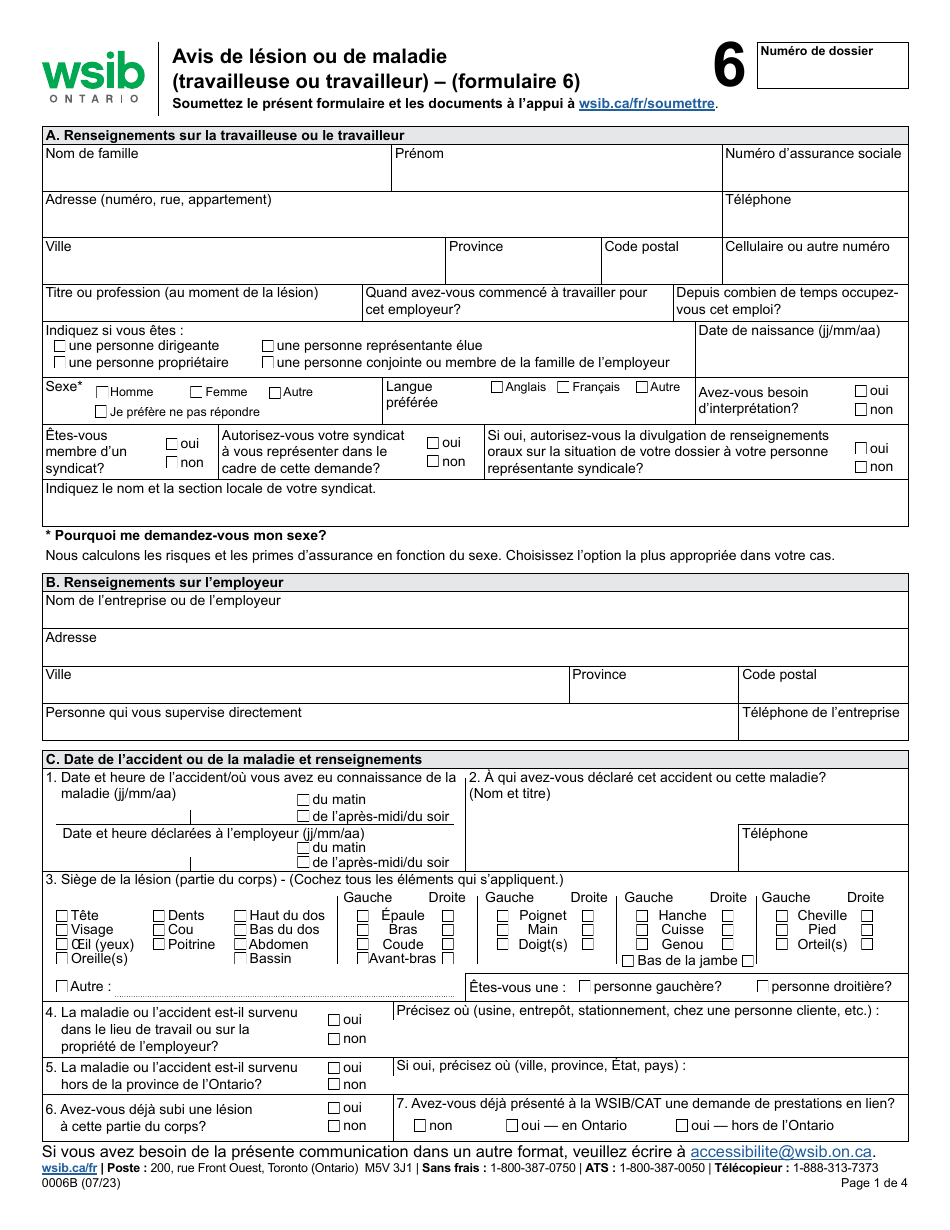 Forme 6 (0006B) Avis De Lesion Ou De Maladie (Travailleuse Ou Travailleur) - Ontario, Canada (French), Page 1