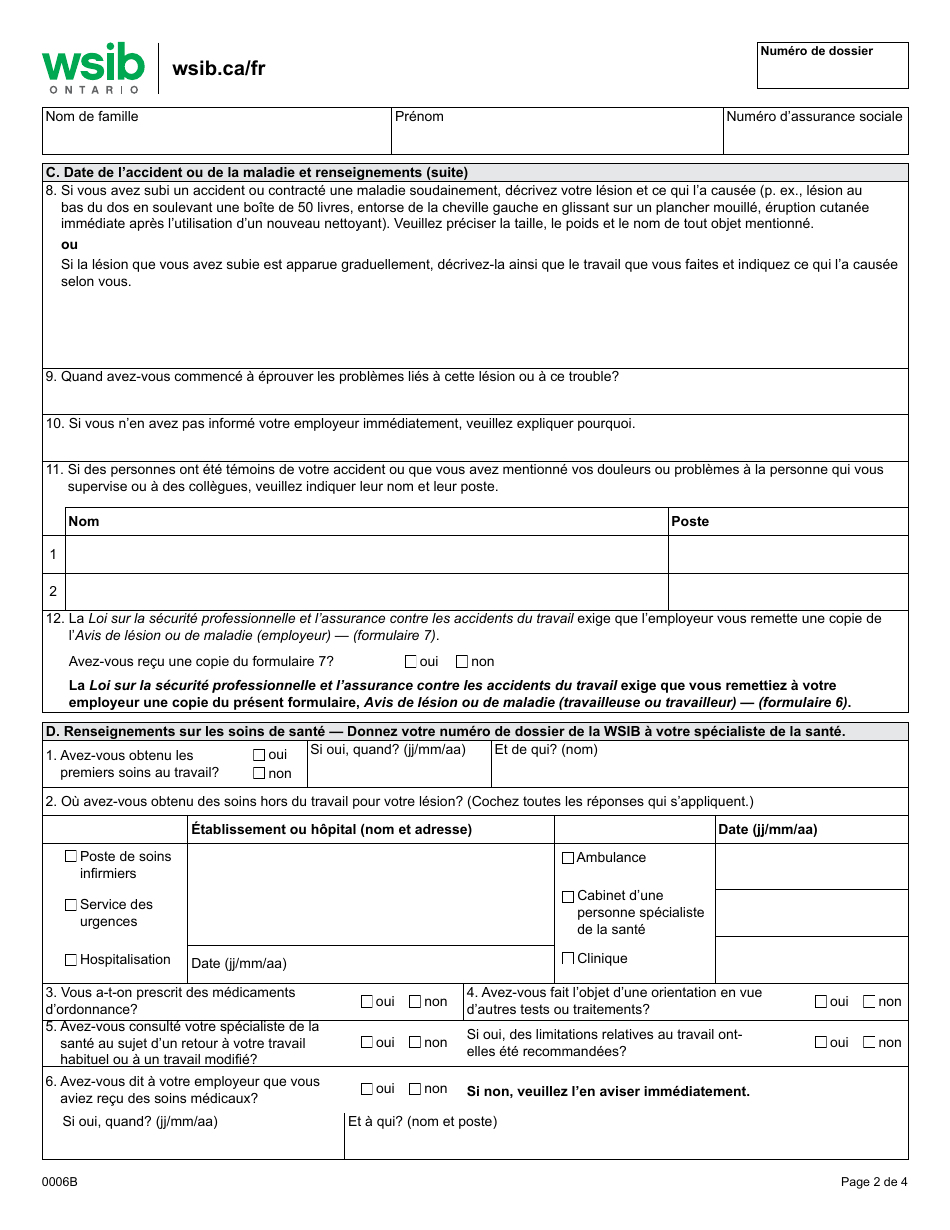 Forme 6 (0006B) Avis De Lesion Ou De Maladie (Travailleuse Ou Travailleur) - Ontario, Canada (French), Page 2