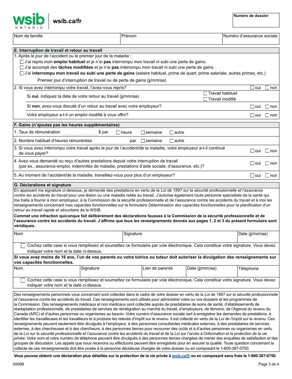Forme 6 (0006B) Avis De Lesion Ou De Maladie (Travailleuse Ou Travailleur) - Ontario, Canada (French), Page 3
