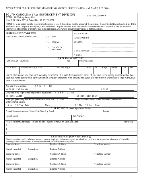 Application for Electronic Monitoring Agency Certification - New and Renewal - South Carolina