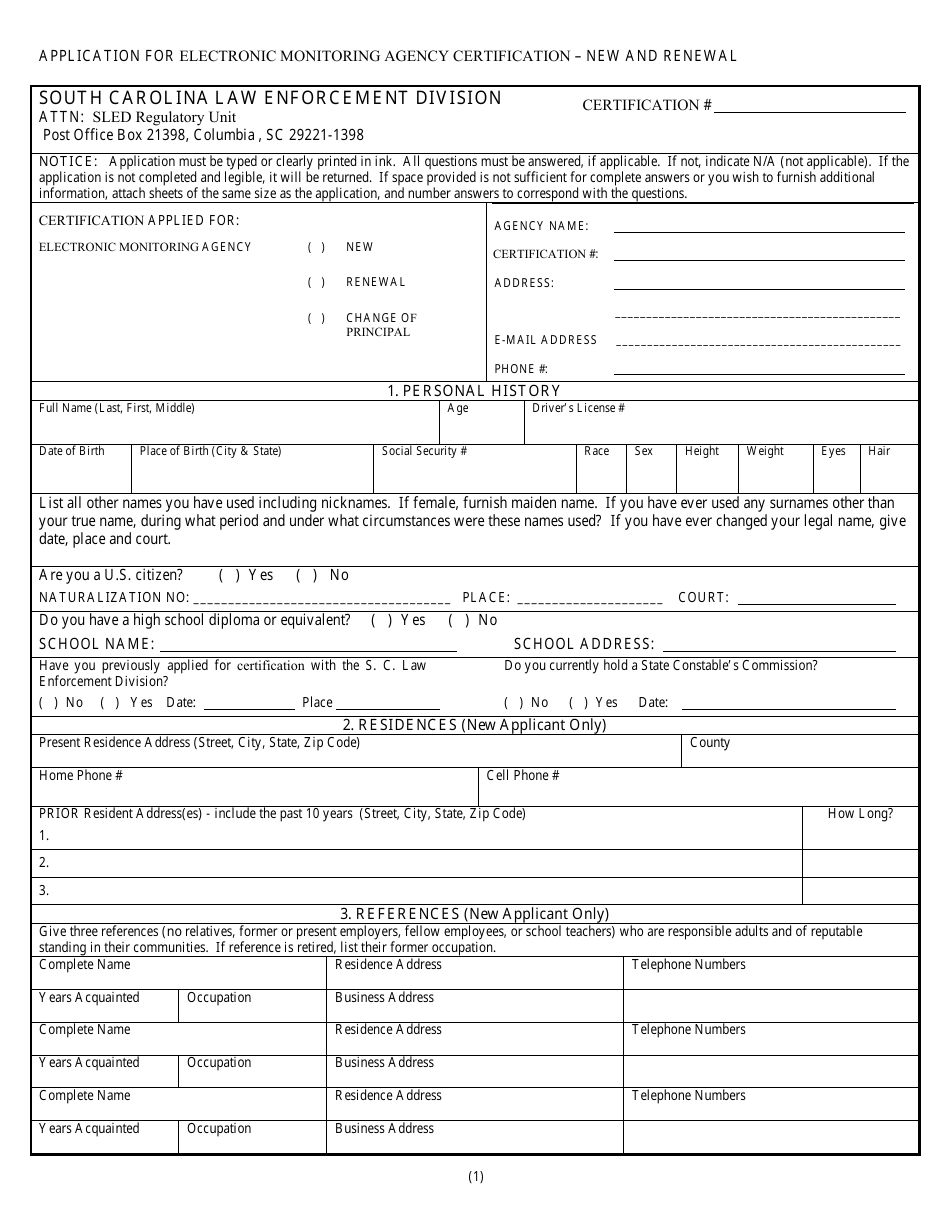 Application for Electronic Monitoring Agency Certification - New and Renewal - South Carolina, Page 1