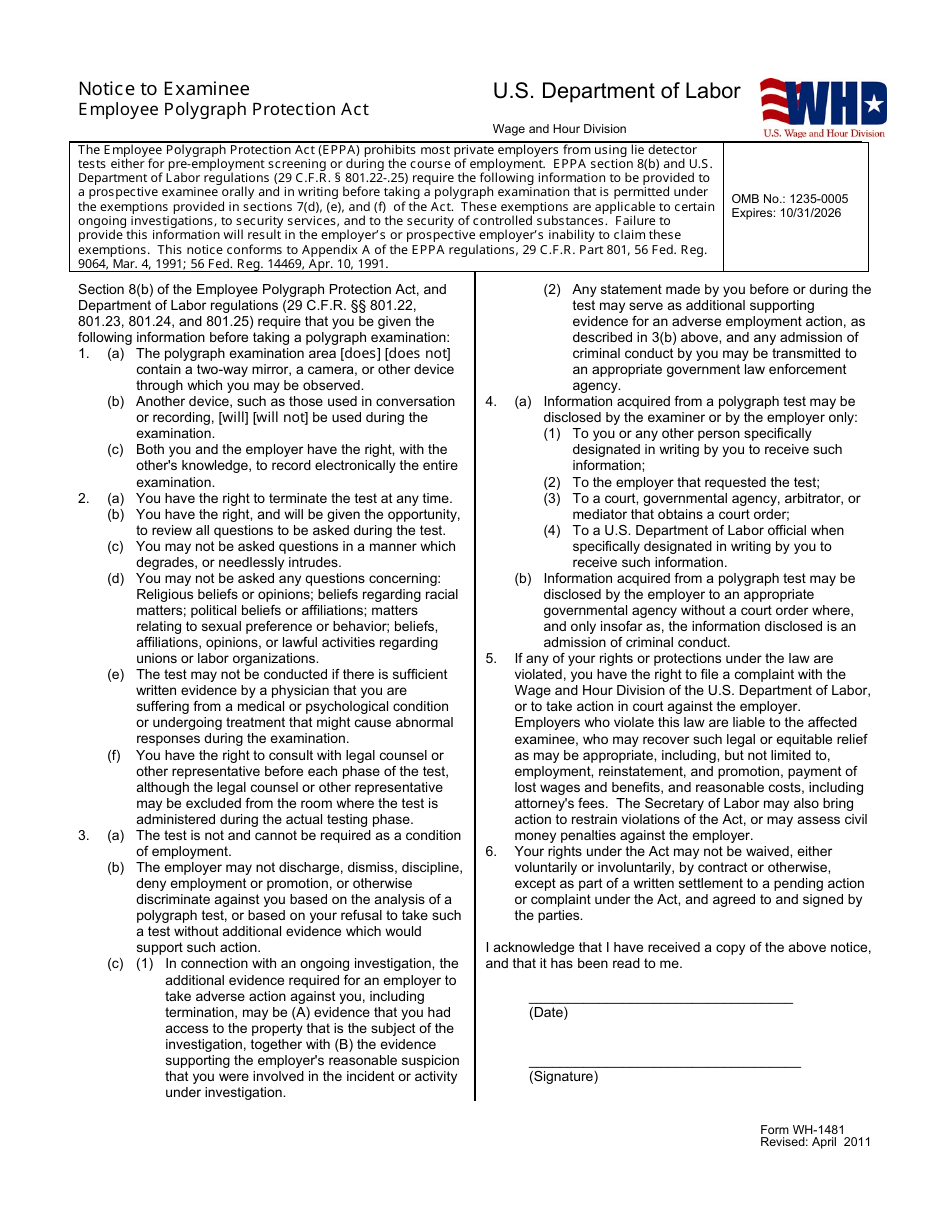 Form WH-1481 Notice to Examinee - Employee Polygraph Protection Act, Page 1