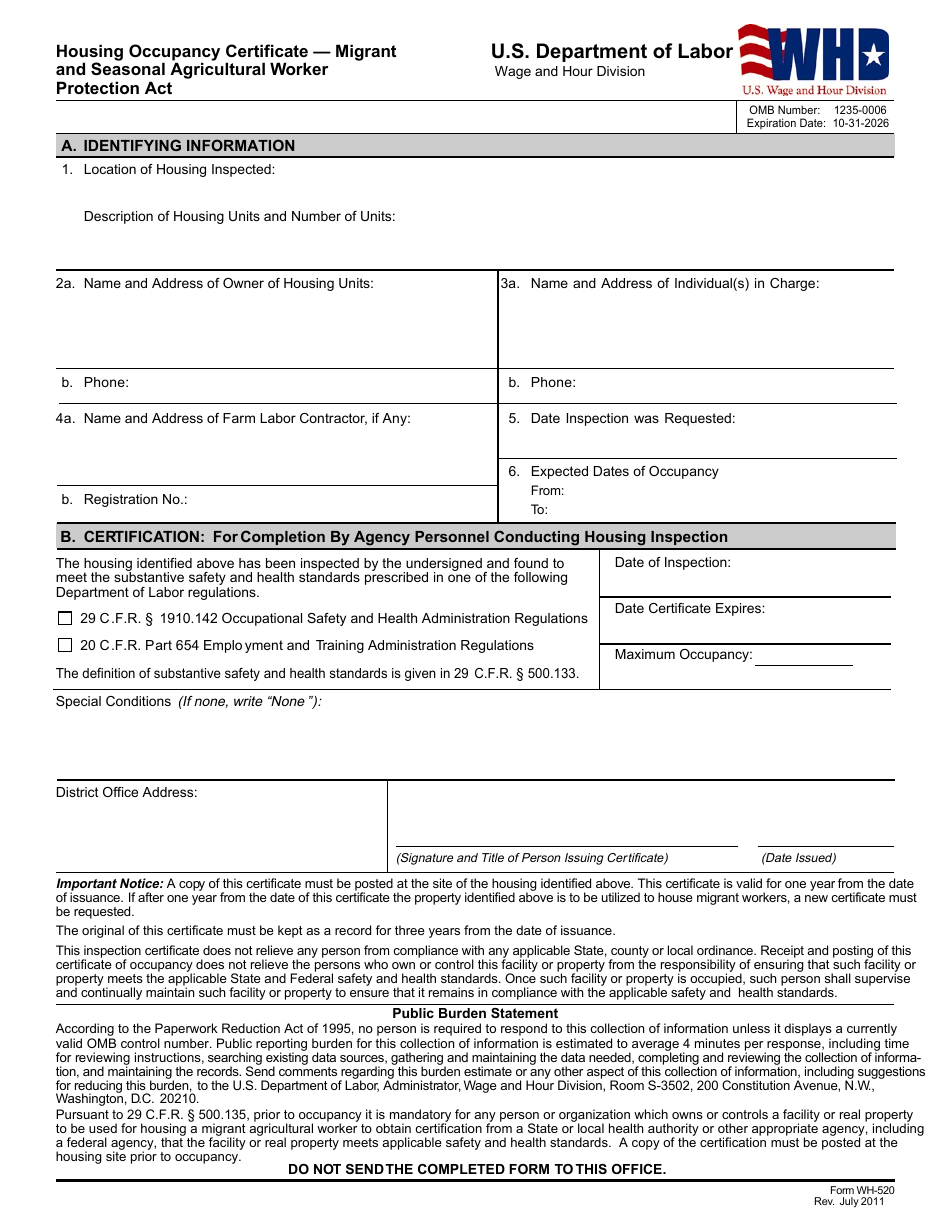 Form WH-520 Housing Occupancy Certificate - Migrant and Seasonal Agricultural Worker Protection Act, Page 1
