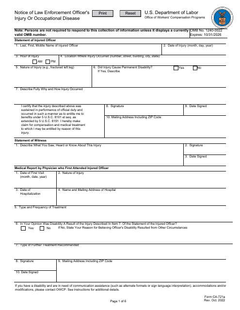 Form CA-721 Notice of Law Enforcement Officer's Injury or Occupational Disease