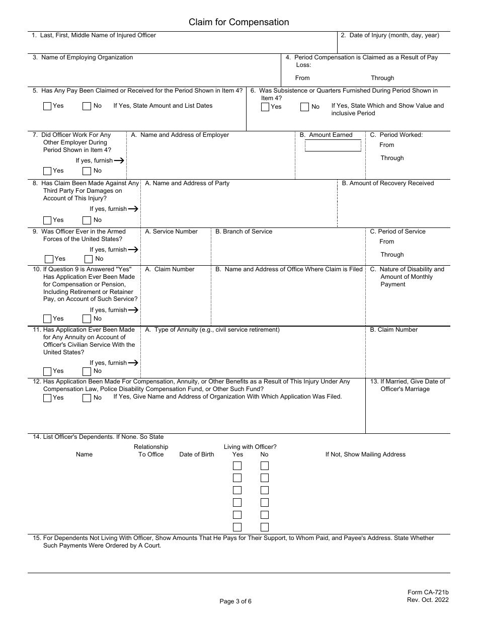 Form CA-721 Notice of Law Enforcement Officers Injury or Occupational Disease, Page 3
