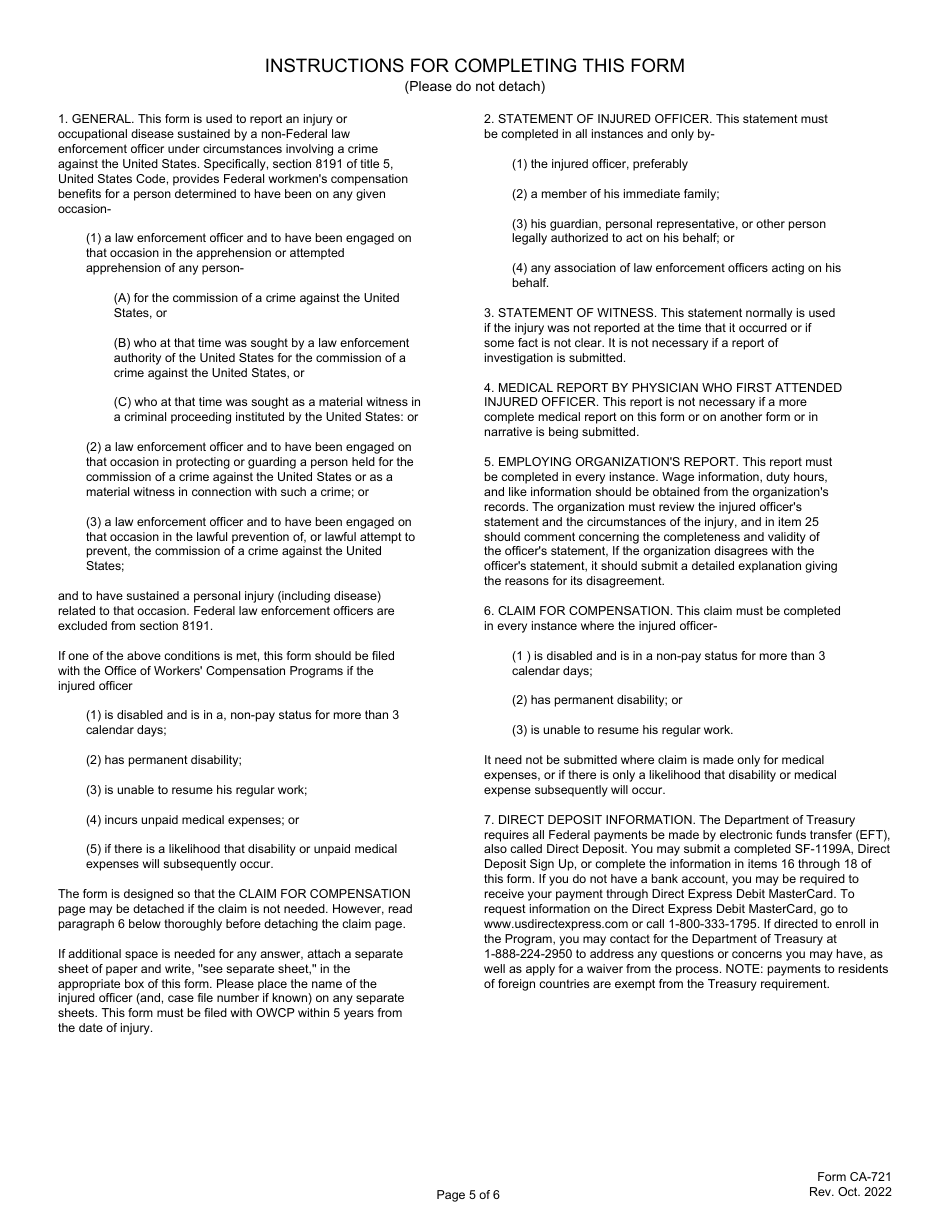 Form CA-721 Notice of Law Enforcement Officers Injury or Occupational Disease, Page 5