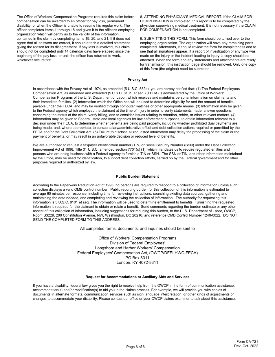 Form CA-721 Notice of Law Enforcement Officers Injury or Occupational Disease, Page 6