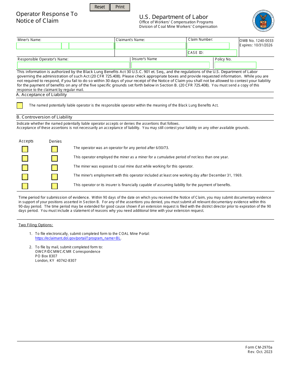 Form CM-2970A Operator Response to Notice of Claim, Page 1
