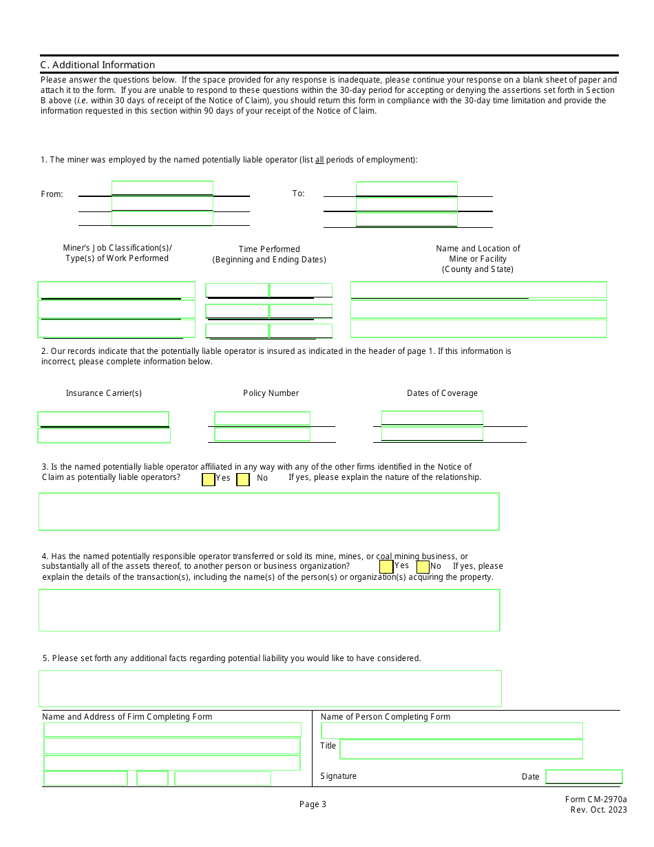 Form CM-2970A Operator Response to Notice of Claim, Page 3