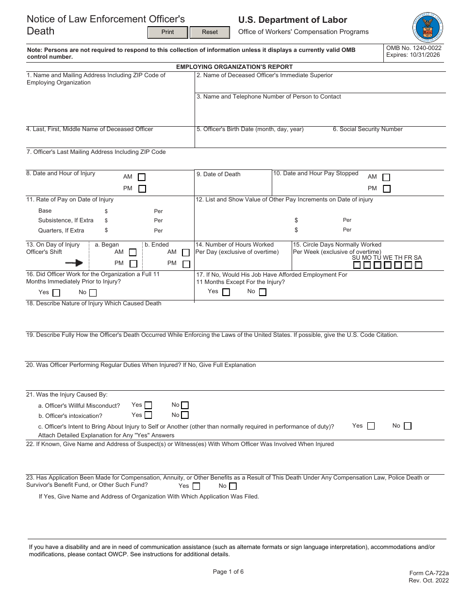 Form CA-722 Notice of Law Enforcement Officers Death, Page 1