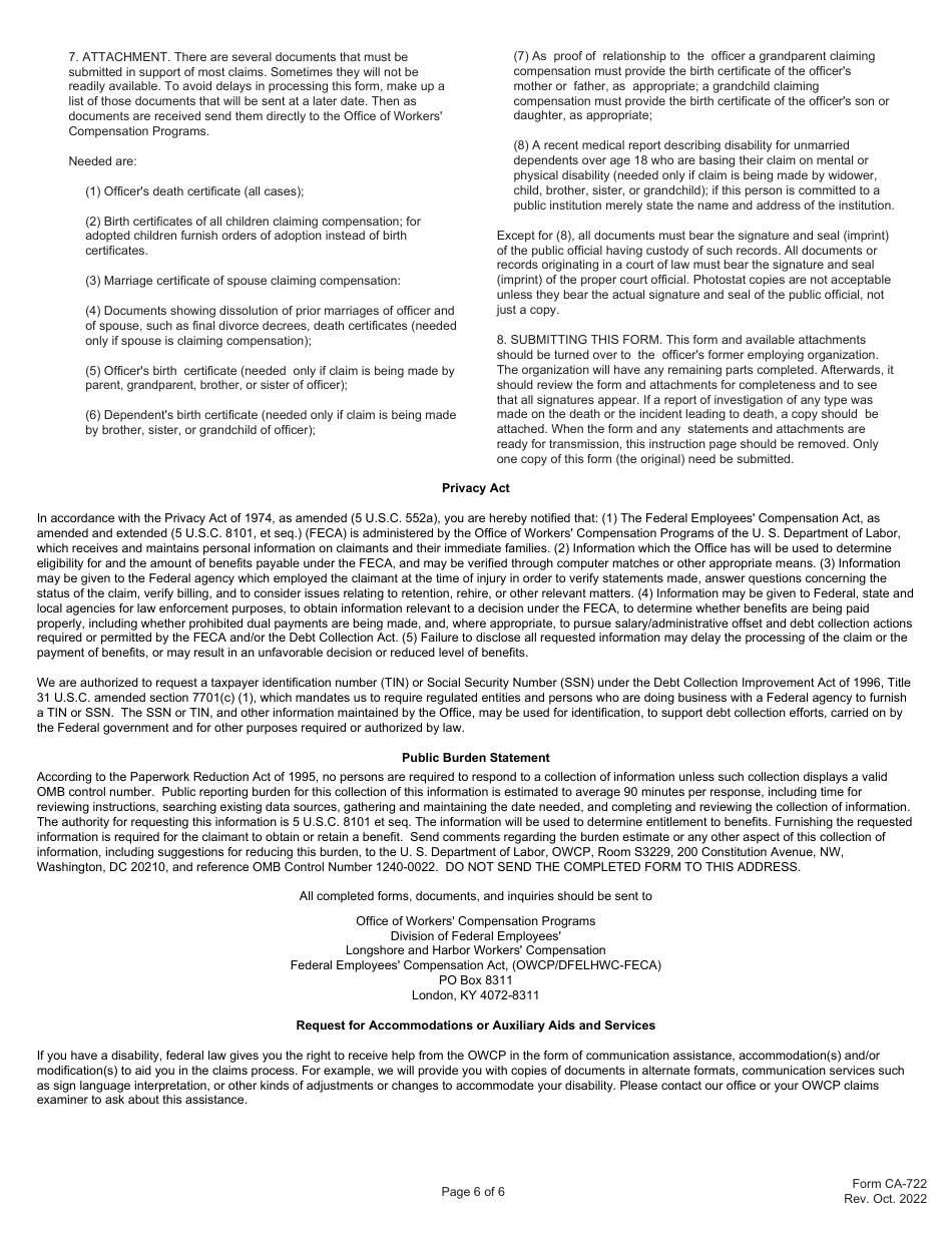 Form CA-722 Notice of Law Enforcement Officers Death, Page 6