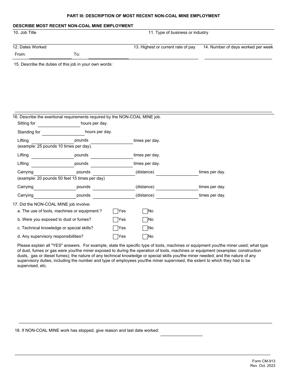 Form CM-913 Description of Coal Mine Work and Other Employment, Page 3