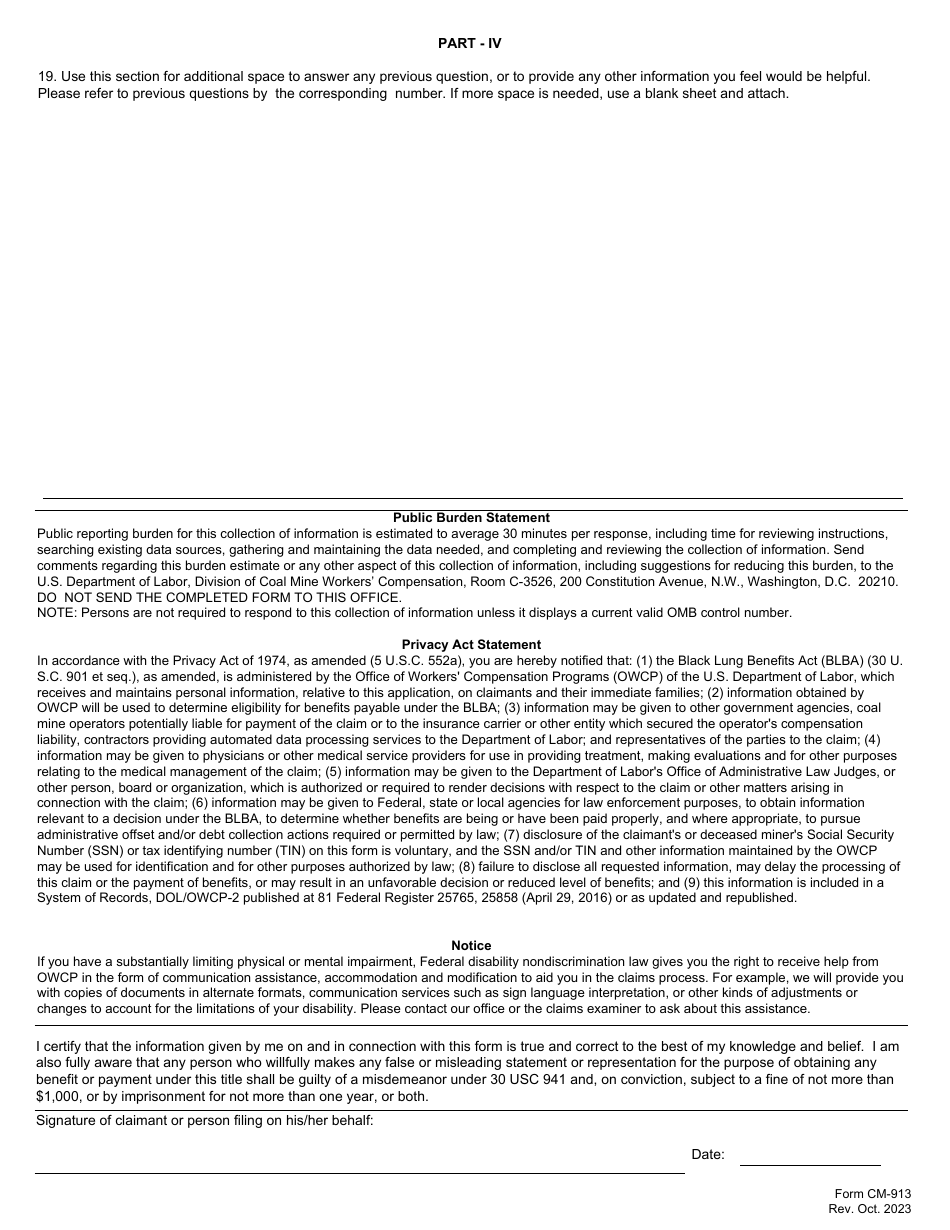 Form CM-913 Description of Coal Mine Work and Other Employment, Page 4
