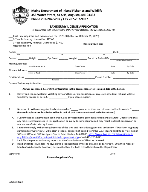 Taxidermy License Application - Maine