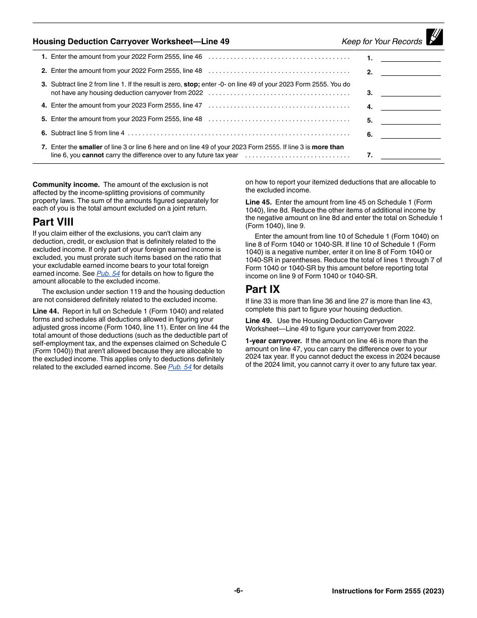 Instructions for IRS Form 2555 Foreign Earned Income, Page 6