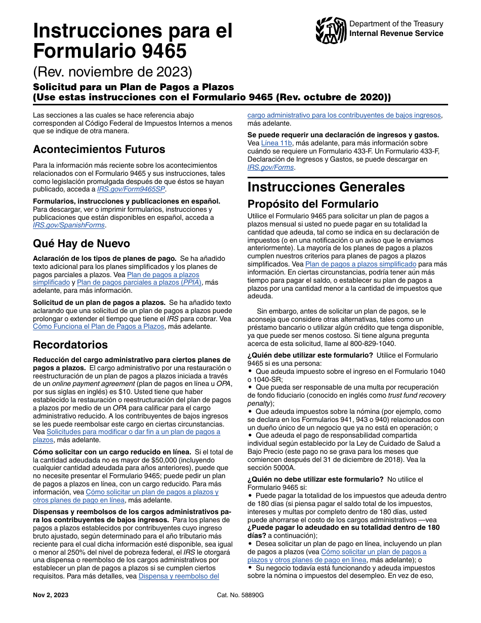 Instrucciones para IRS Formulario 9465 (SP) Solicitud Para Un Plan De Pagos a Plazos (Spanish), Page 1