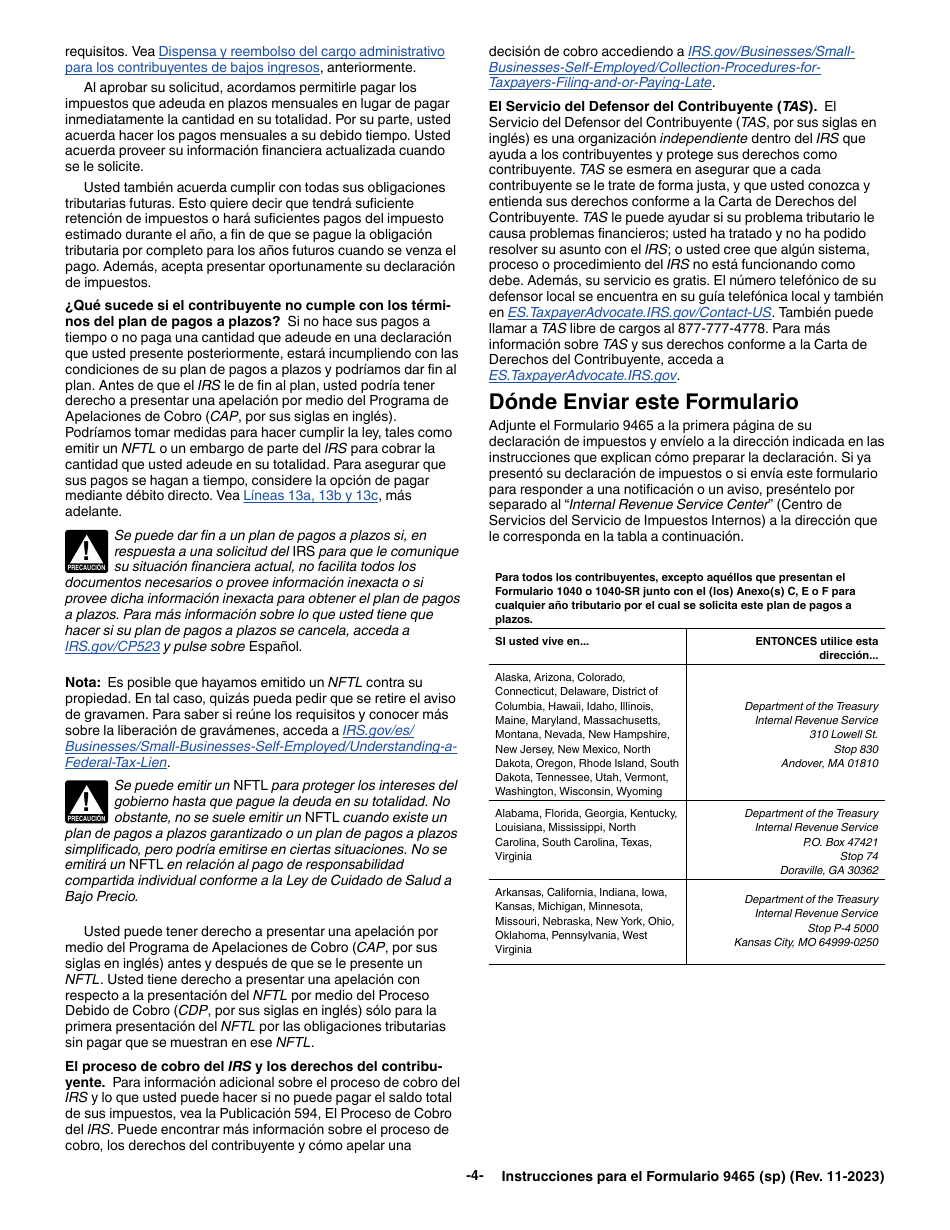 Instrucciones para IRS Formulario 9465 (SP) Solicitud Para Un Plan De Pagos a Plazos (Spanish), Page 4