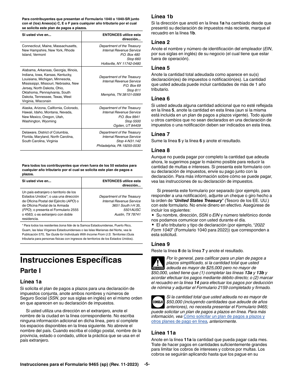 Instrucciones para IRS Formulario 9465 (SP) Solicitud Para Un Plan De Pagos a Plazos (Spanish), Page 5
