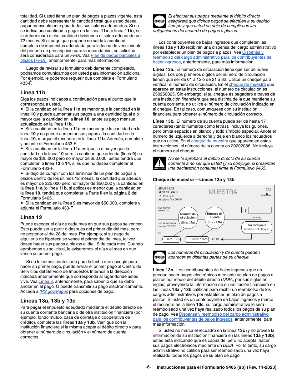 Instrucciones para IRS Formulario 9465 (SP) Solicitud Para Un Plan De Pagos a Plazos (Spanish), Page 6