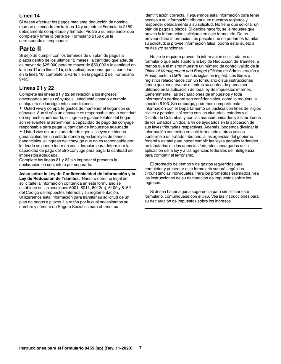 Instrucciones para IRS Formulario 9465 (SP) Solicitud Para Un Plan De Pagos a Plazos (Spanish), Page 7