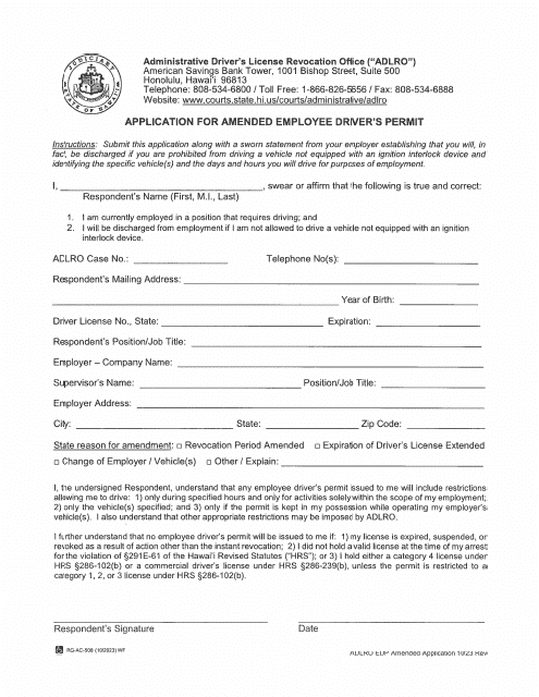 Form 4 Application for Amended Employee Driver's Permit - Hawaii