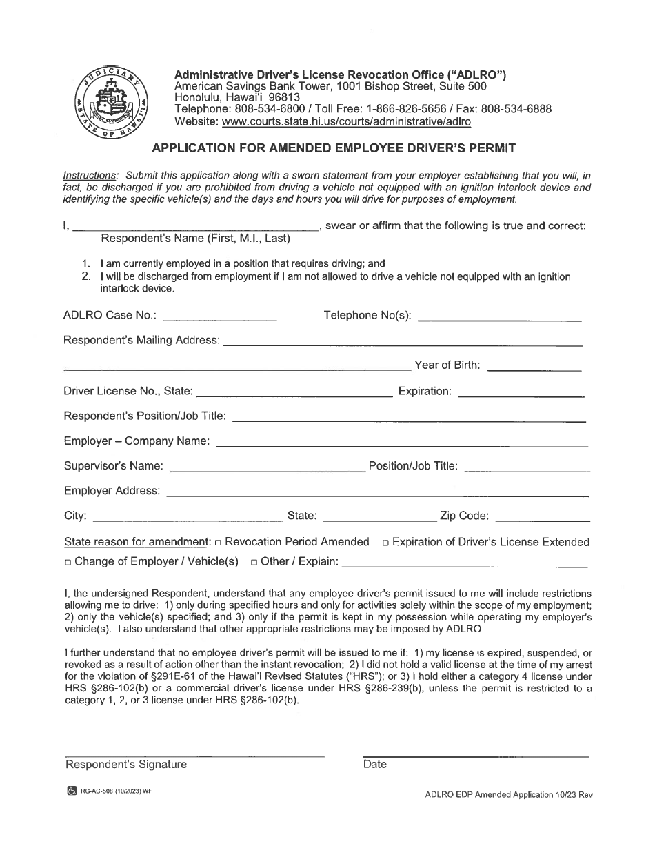 Form 4 Application for Amended Employee Drivers Permit - Hawaii, Page 1