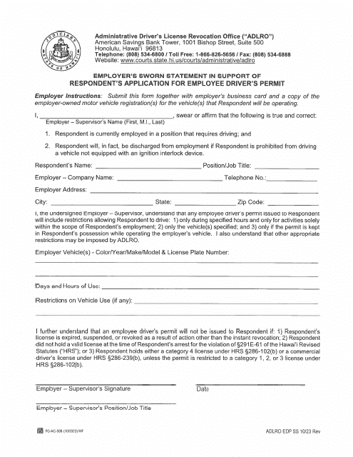Form 2A Employer's Sworn Statement in Support of Respondent's Application for Employee Driver's Permit - Hawaii