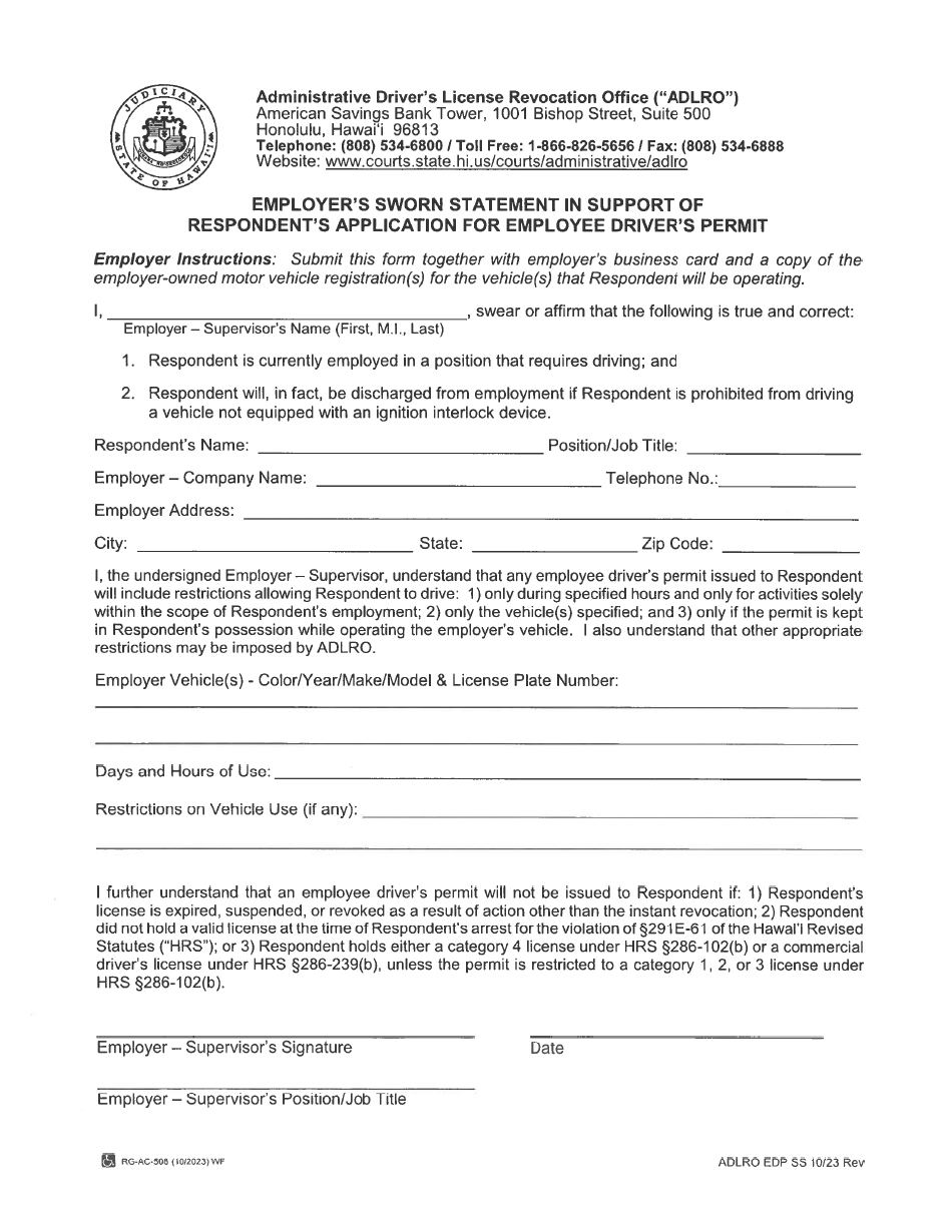 Form 2A Employers Sworn Statement in Support of Respondents Application for Employee Drivers Permit - Hawaii, Page 1