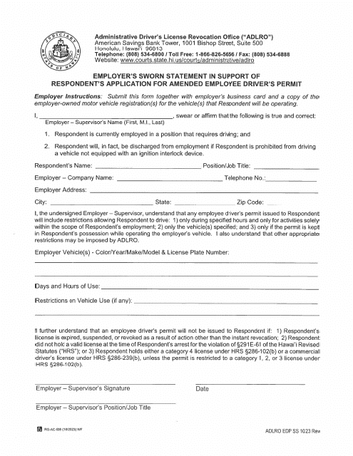 Form 4A Employer's Sworn Statement in Support of Respondent's Application for Amended Employee Driver's Permit - Hawaii