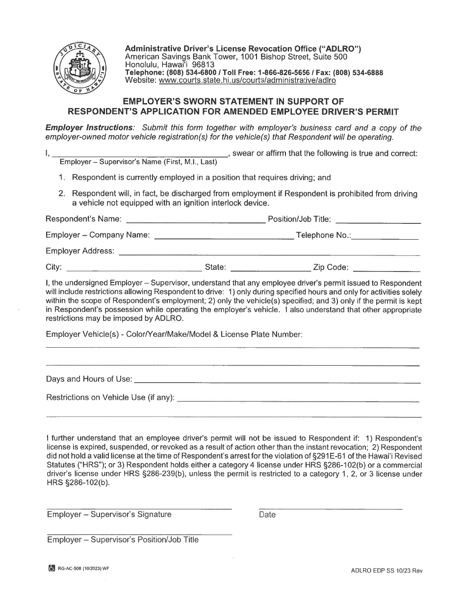 Form 4A Employers Sworn Statement in Support of Respondents Application for Amended Employee Drivers Permit - Hawaii, Page 1