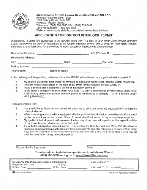 Form 3 Application for Ignition Interlock Permit - Hawaii