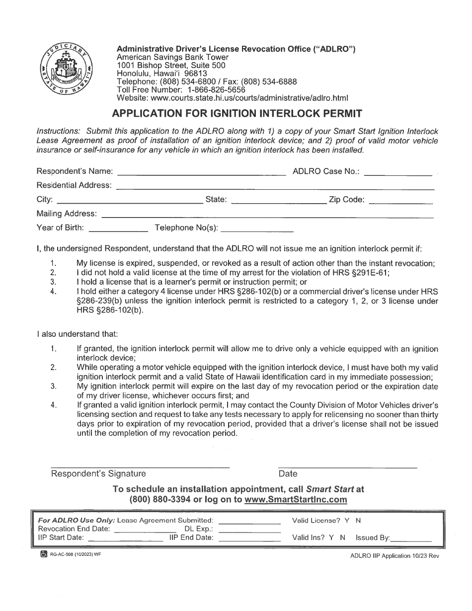 Form 3 Application for Ignition Interlock Permit - Hawaii, Page 1