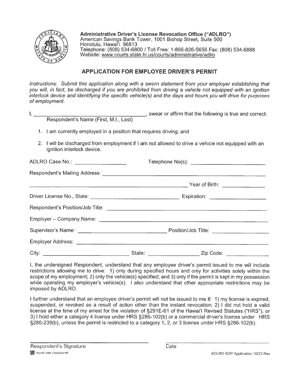 Form 2 Application for Employee Drivers Permit - Hawaii, Page 1