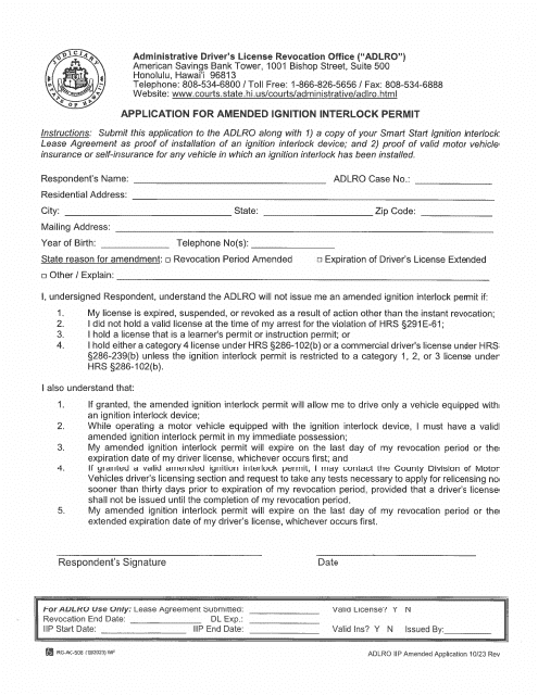 Form 5 Application for Amended Ignition Interlock Permit - Hawaii