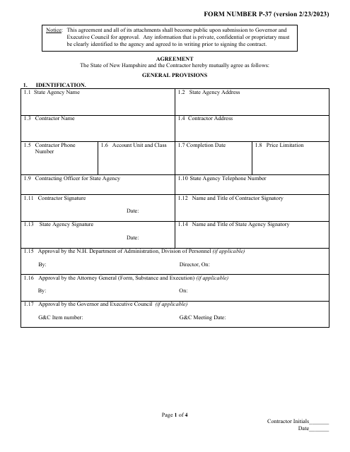 Form P-37 Standard Contract Form - New Hampshire