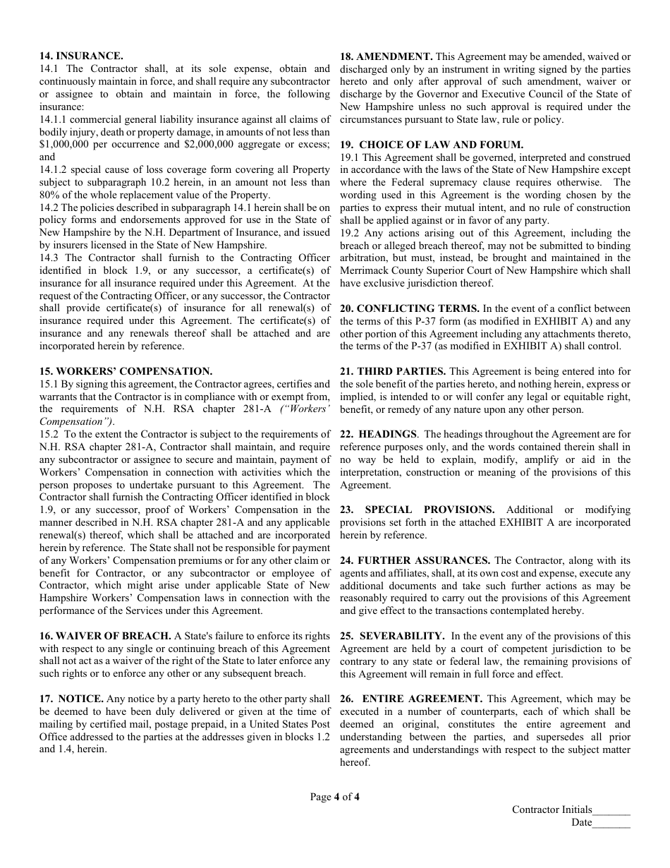 Form P-37 Standard Contract Form - New Hampshire, Page 4