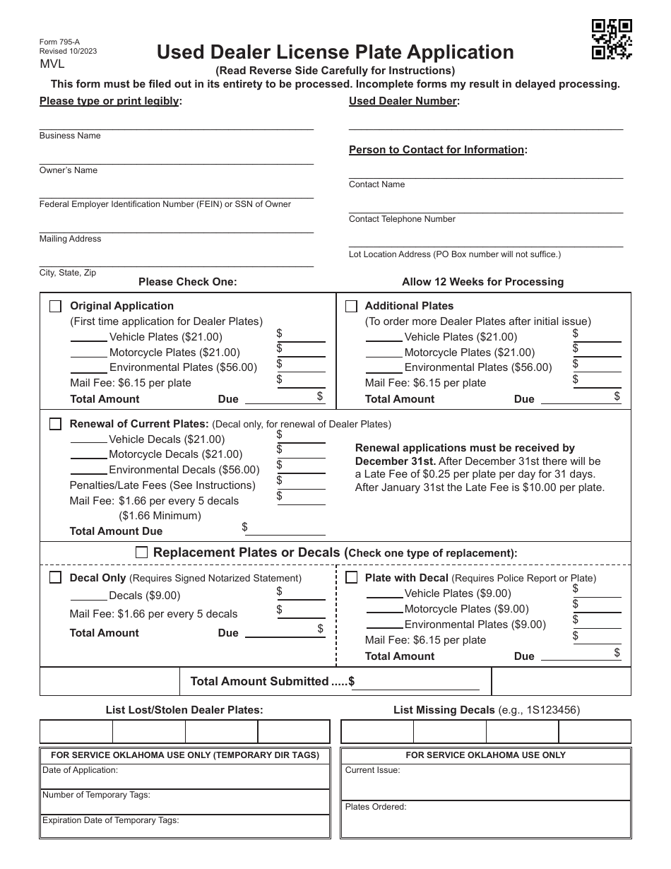 Form 795-A Used Dealer License Plate Application - Oklahoma, Page 1