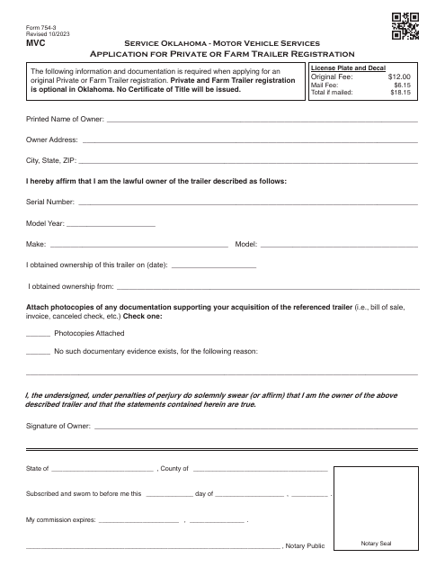 Form 754-3 Application for Private or Farm Trailer Registration - Oklahoma