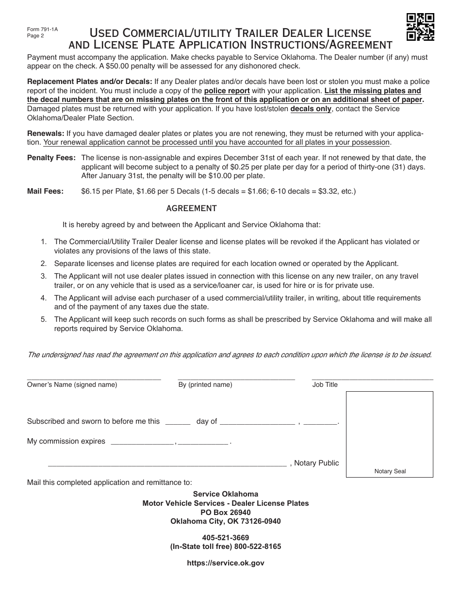 Form 791-1A Used Commercial / Utility Trailer Dealer License and License Plate Application - Oklahoma, Page 2