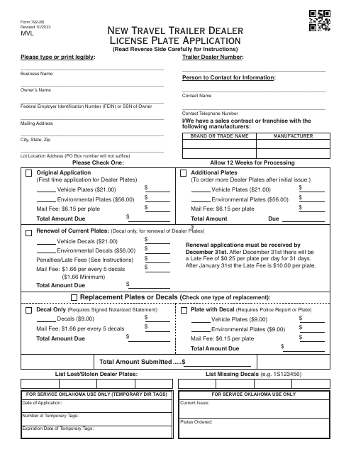 Form 792-2B New Travel Trailer Dealer License Plate Application - Oklahoma