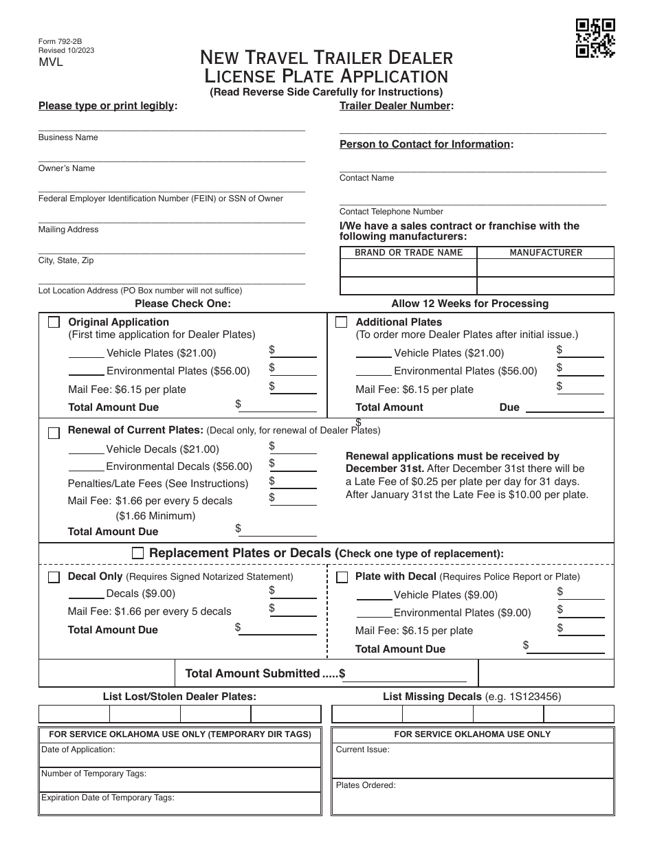 Form 792-2B New Travel Trailer Dealer License Plate Application - Oklahoma, Page 1