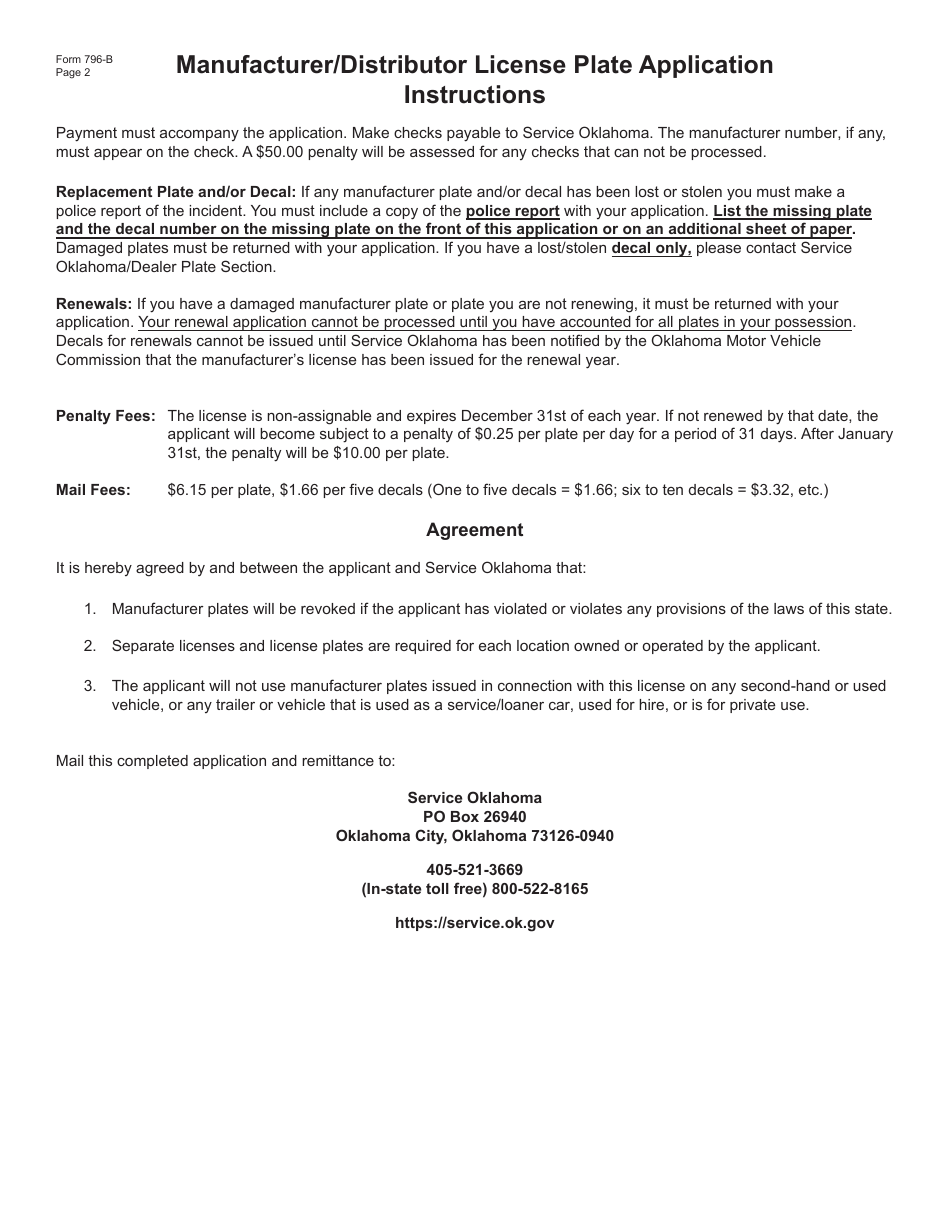 Form 796-B Manufacturer / Distributor License Plate Application - Oklahoma, Page 2