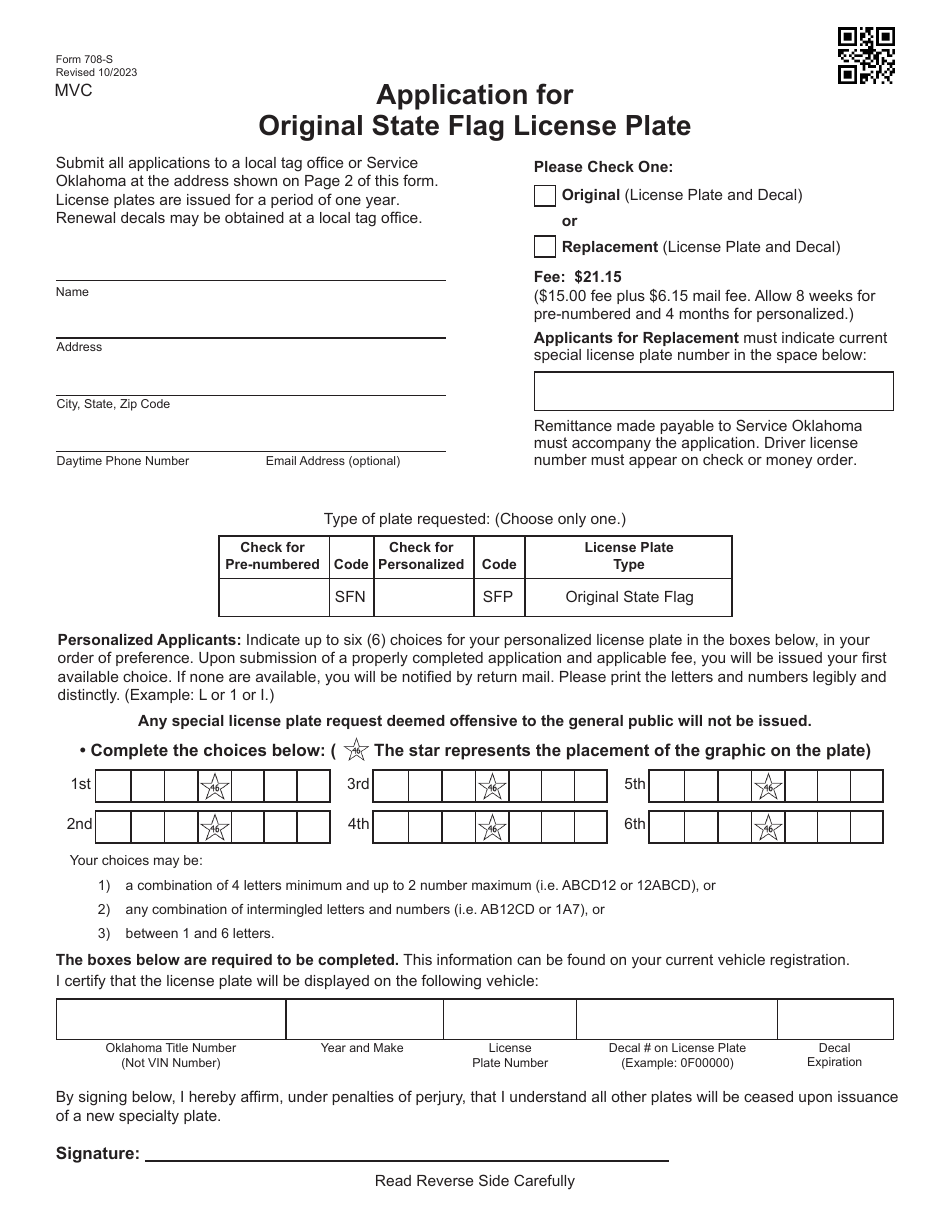Form 708-S Application for Original State Flag License Plate - Oklahoma, Page 1