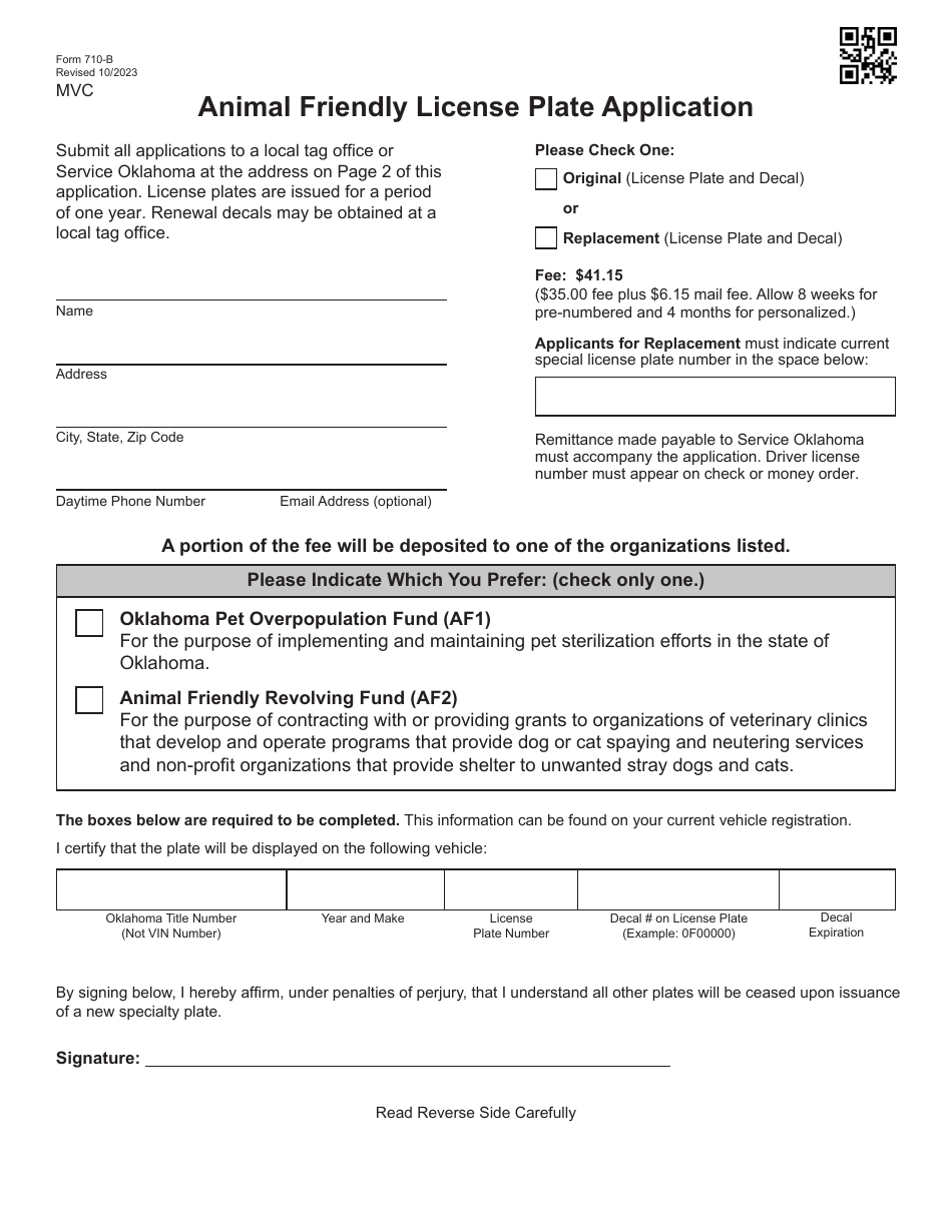 Form 710-B Animal Friendly License Plate Application - Oklahoma, Page 1