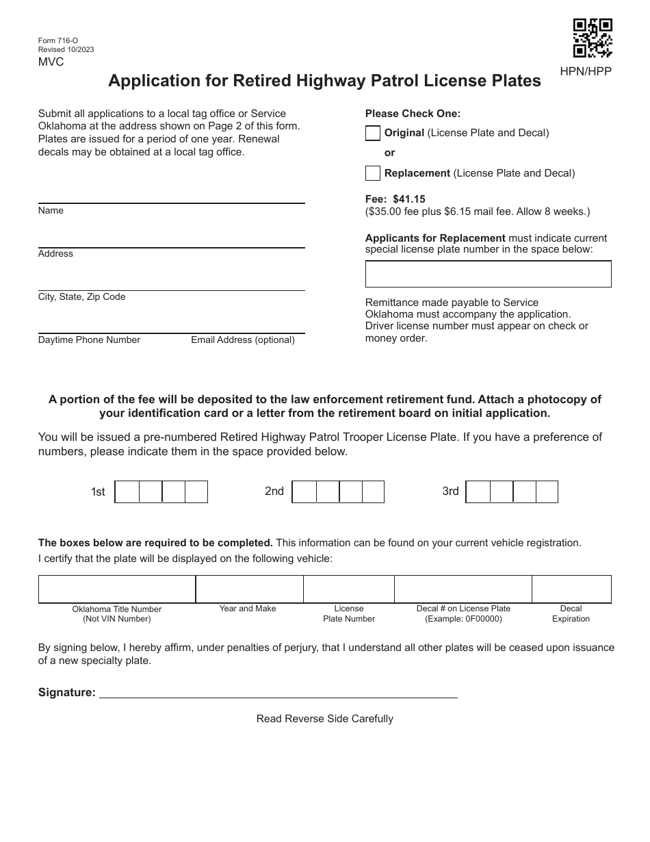 Form 716 O Download Fillable Pdf Or Fill Online Application For Retired Highway Patrol License 6578